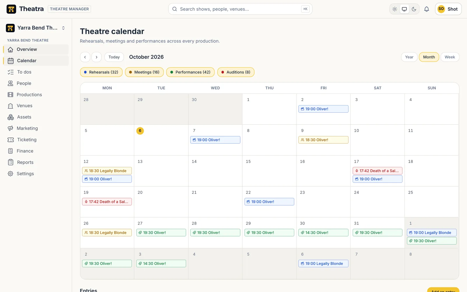 A month calendar showing rehearsals, meetings, performances and auditions across several shows.