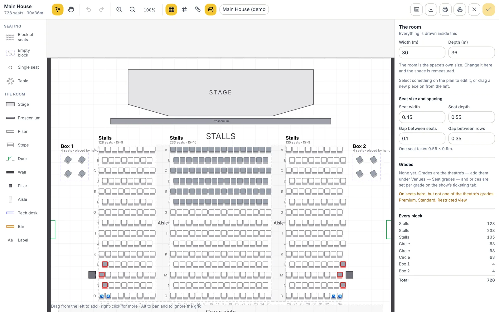 The seat plan editor: a 728-seat house with a thrust stage, three blocks of stalls, a circle, two boxes, aisles and pillars.
